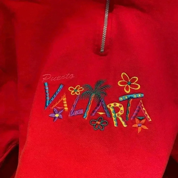 PUERTO VALLARTA RED QUARTER ZIP PULLOVER SWEATER L - Picture 2 of 5
